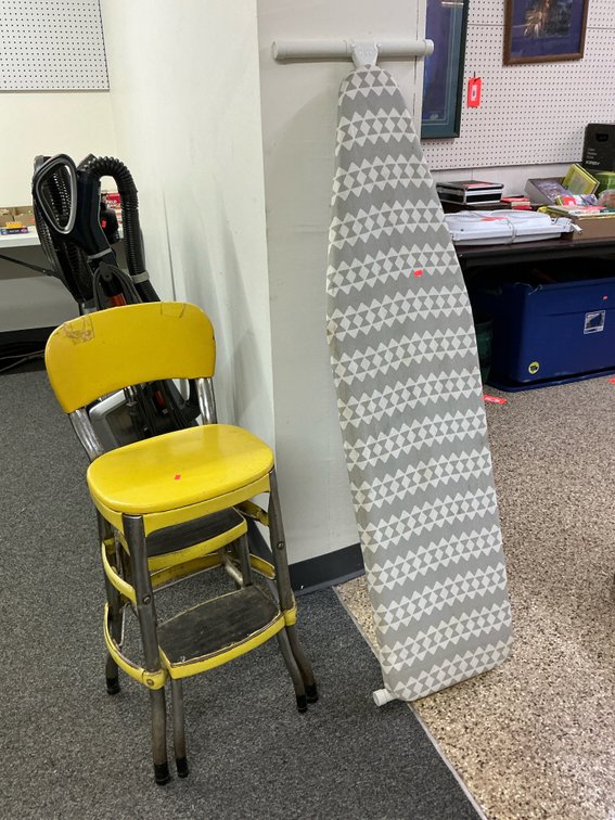 Yellow step stool chair & folding ironing board