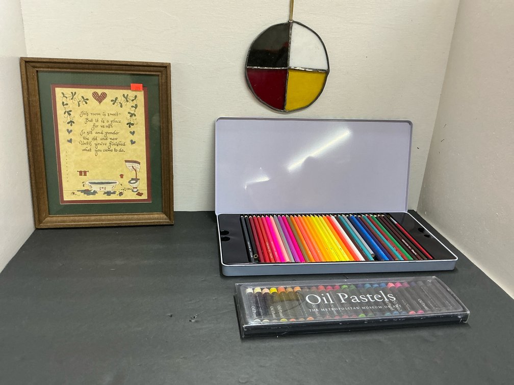 Art supplies, framed print & stained glass suncatcher