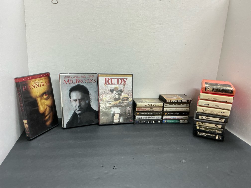 Grouping of DVDs, cassette tapes & 8-track cartridges
