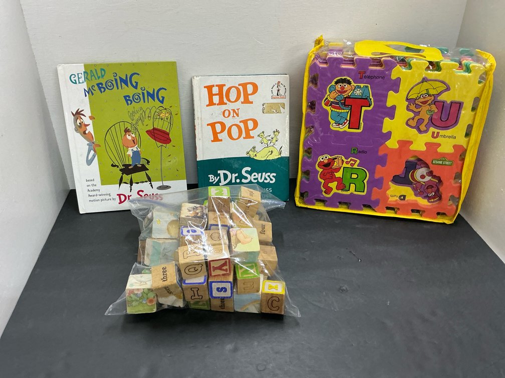 Children's books, wooden blocks & foam puzzle tiles