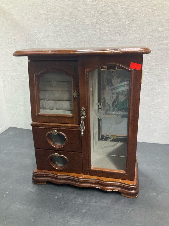 Wooden tabletop jewelry armoire with etched glass doors