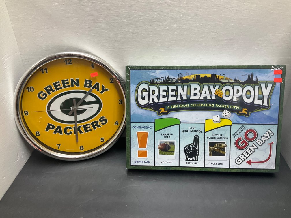 Green Bay Packers wall clock & Green Bay-Opoly board game