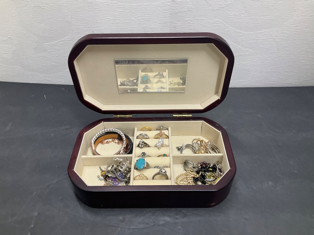 Wood jewelry box with assorted costume jewelry