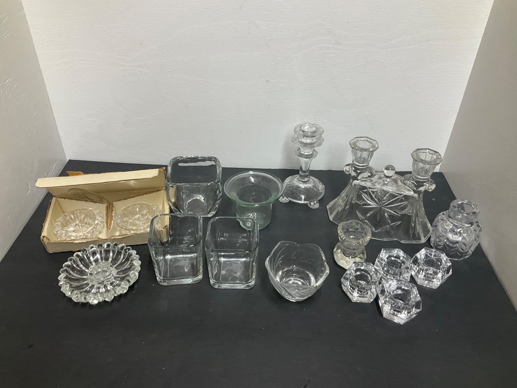 Grouping of clear glass candle holders & tableware