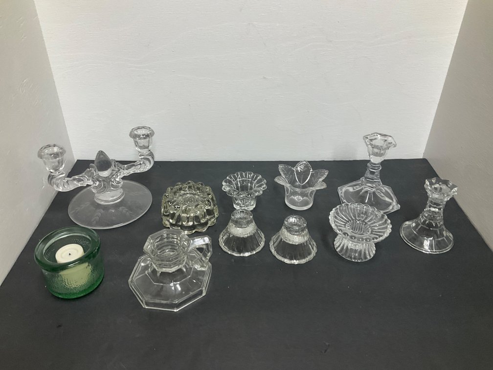 Grouping of glass candleholders & candelabra