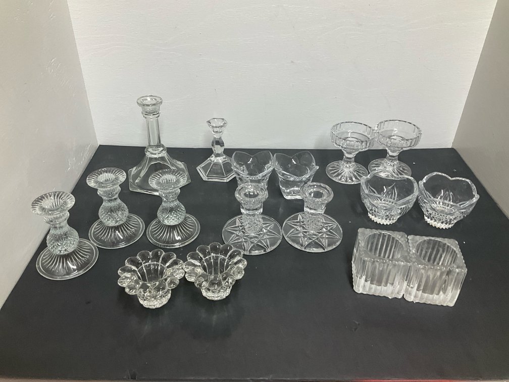 Grouping of clear pressed glass candleholders & cups