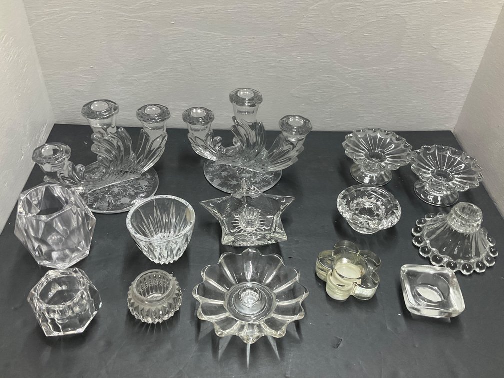 Clear glass candleholders & tabletop dishes