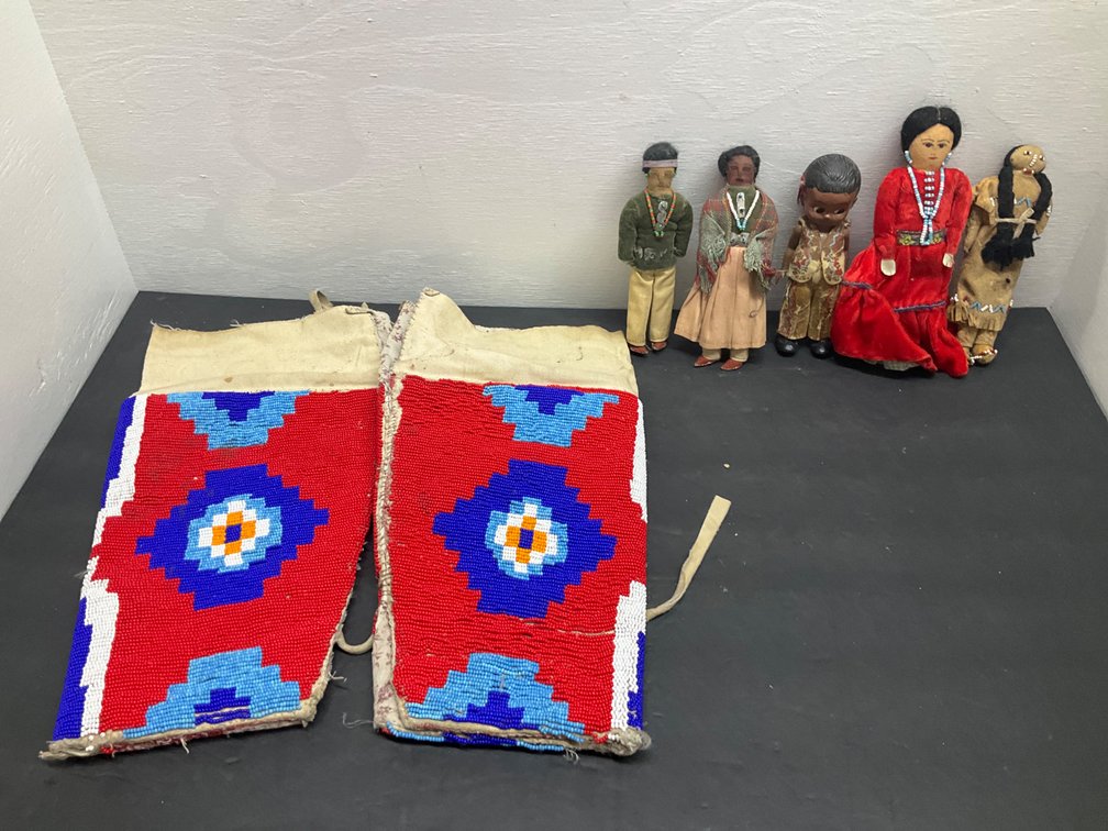 Pair of beaded cuffs & miniature dolls