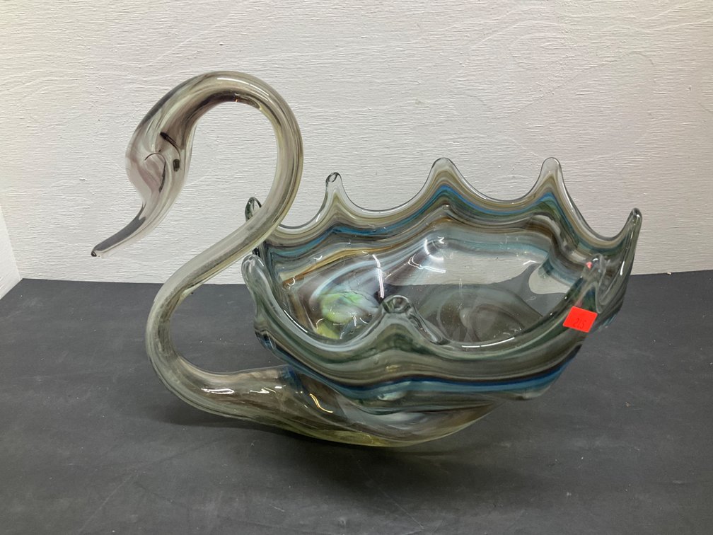 Swirled art glass swan bowl & handled basket