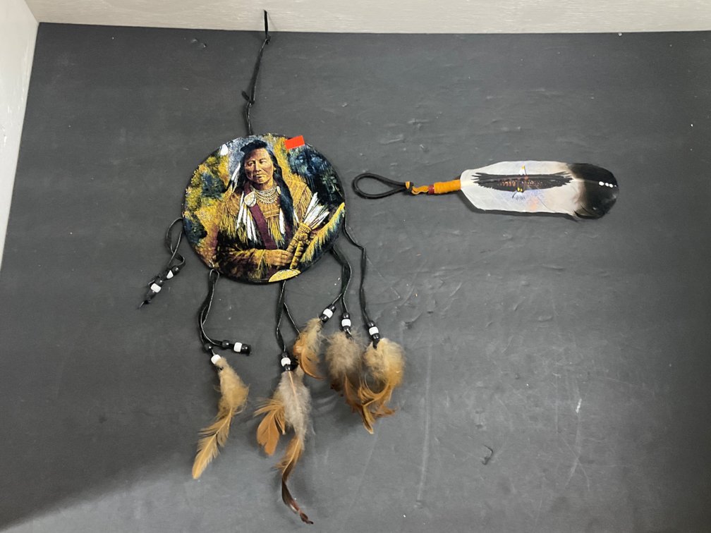 Native American style drum ornament & painted feather