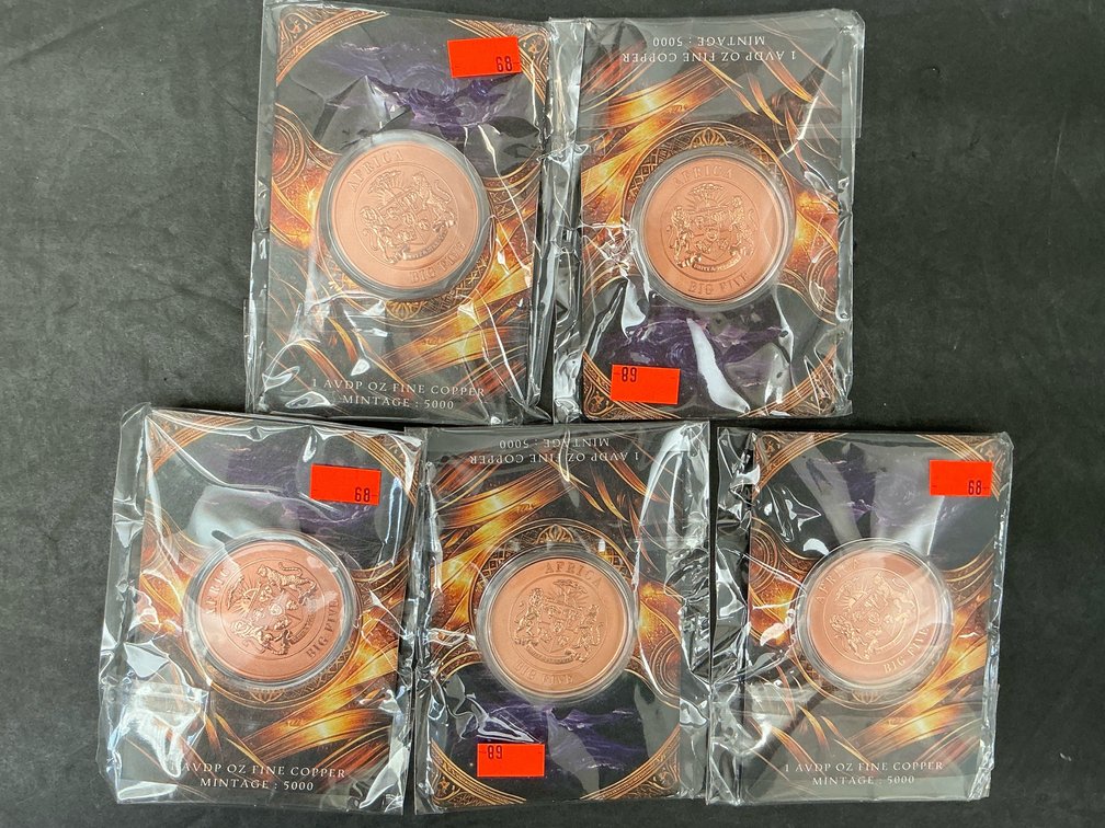 5 Africa Big Five 1oz fine copper rounds