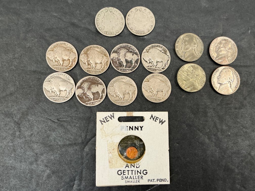 Bag of US nickels & miniature novelty penny