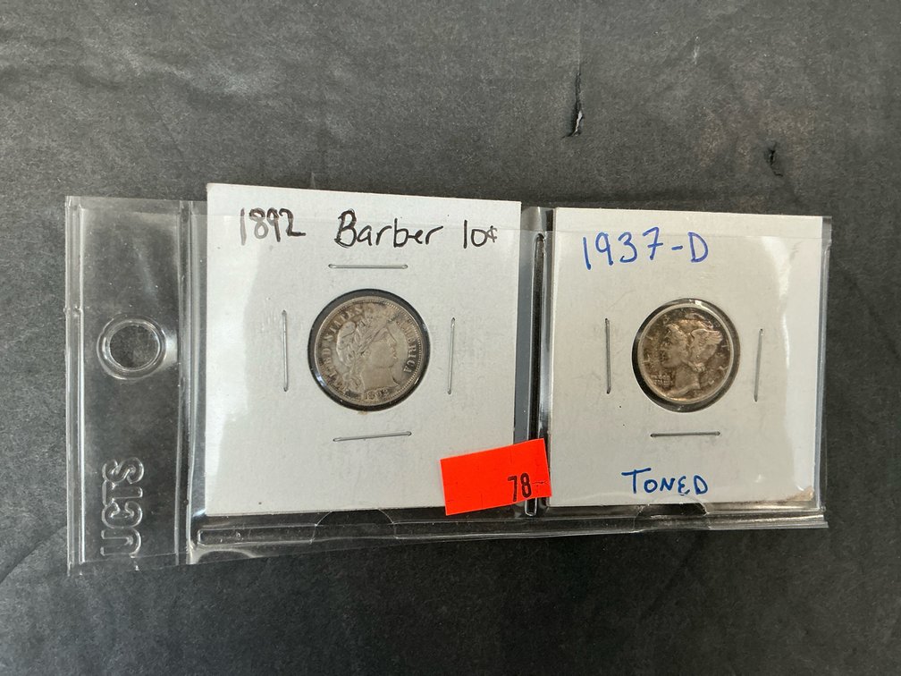 2 US dimes with 1892 Barber & 1937-D Mercury