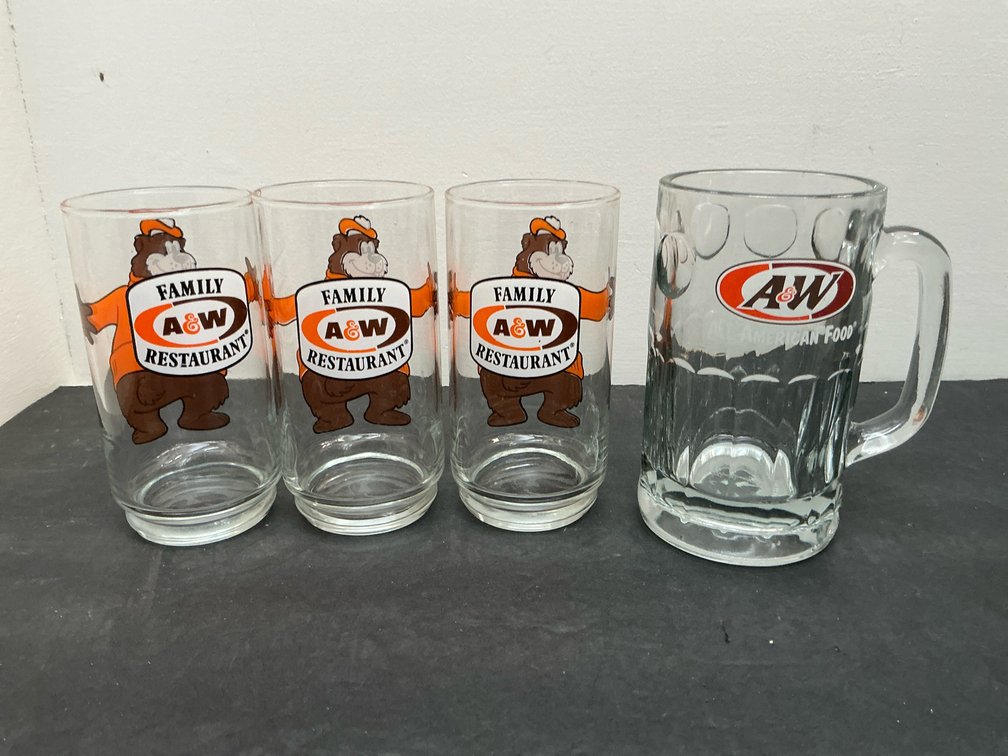 4 A&W glasses with 3 tumblers & 1 dimpled mug