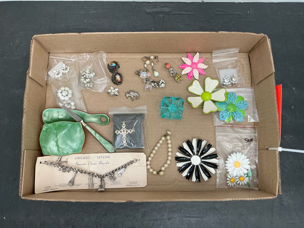 Costume jewelry assortment with Chicago charm bracelet