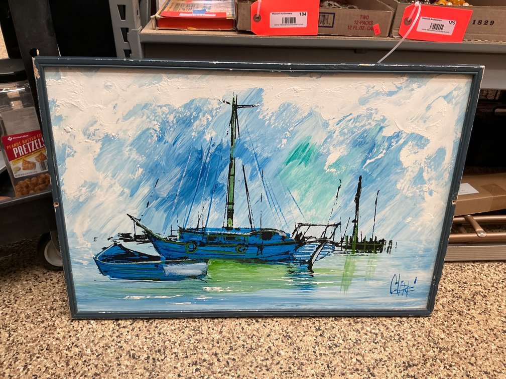 Framed impasto nautical painting of sailboats