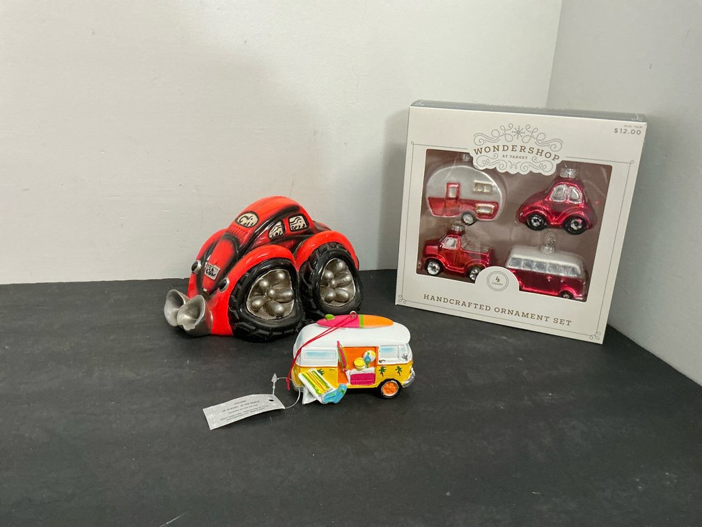 Grouping of vehicle ornaments & car coin bank