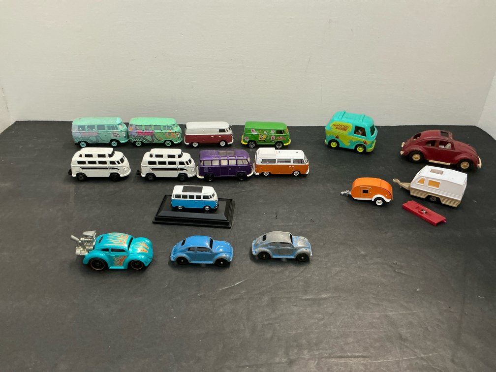 Grouping of diecast toy vans, cars & trailers