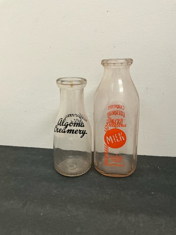 2 Algoma Creamery & Carnival Guernsey glass milk bottles