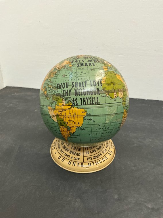 Golden Rule Foundation tin lithograph globe bank
