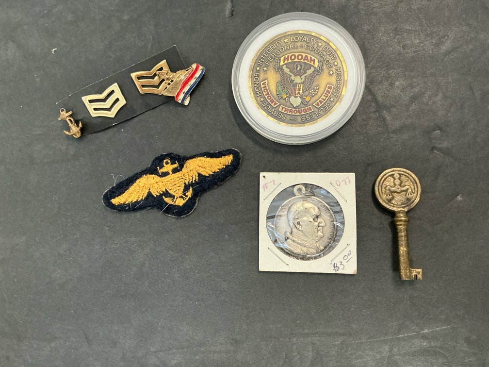 Military pins, patch, challenge coin, medallion & brass key
