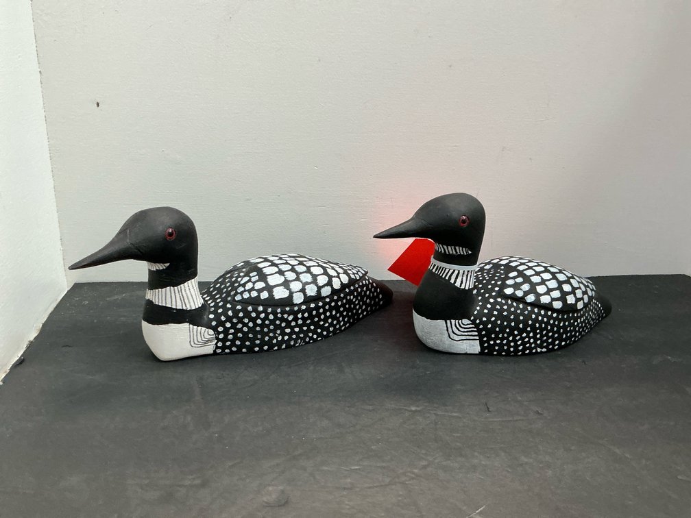 Pair of carved painted wood loon decoys