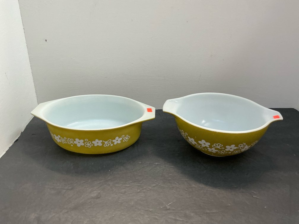 2 Pyrex avocado green floral milk glass dishes