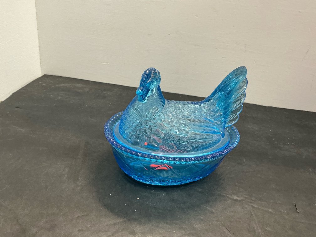 Blue pressed glass hen on nest covered dish & bowl