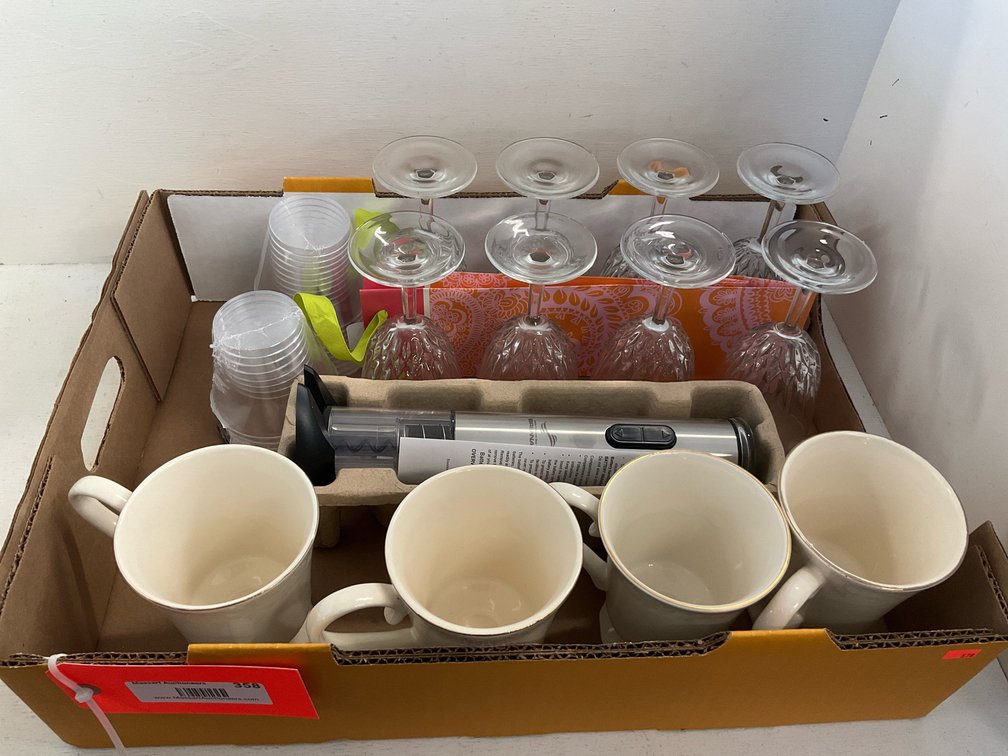 Wine glasses, ceramic mugs & electric wine opener