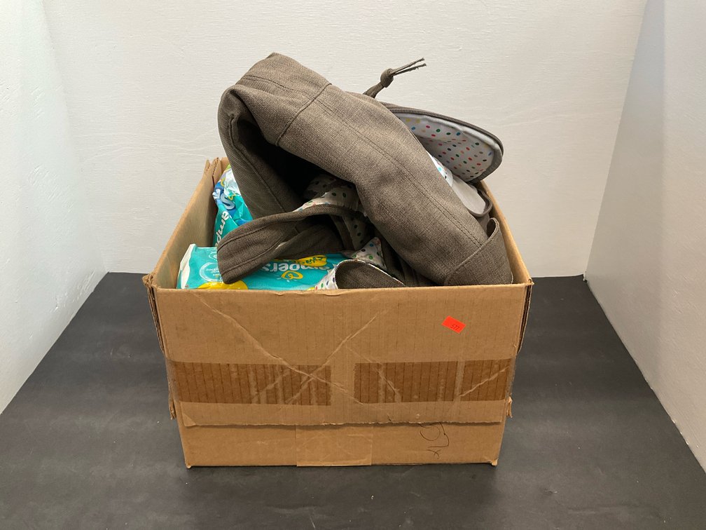 Brown canvas tote backpack with diapers & swim pants