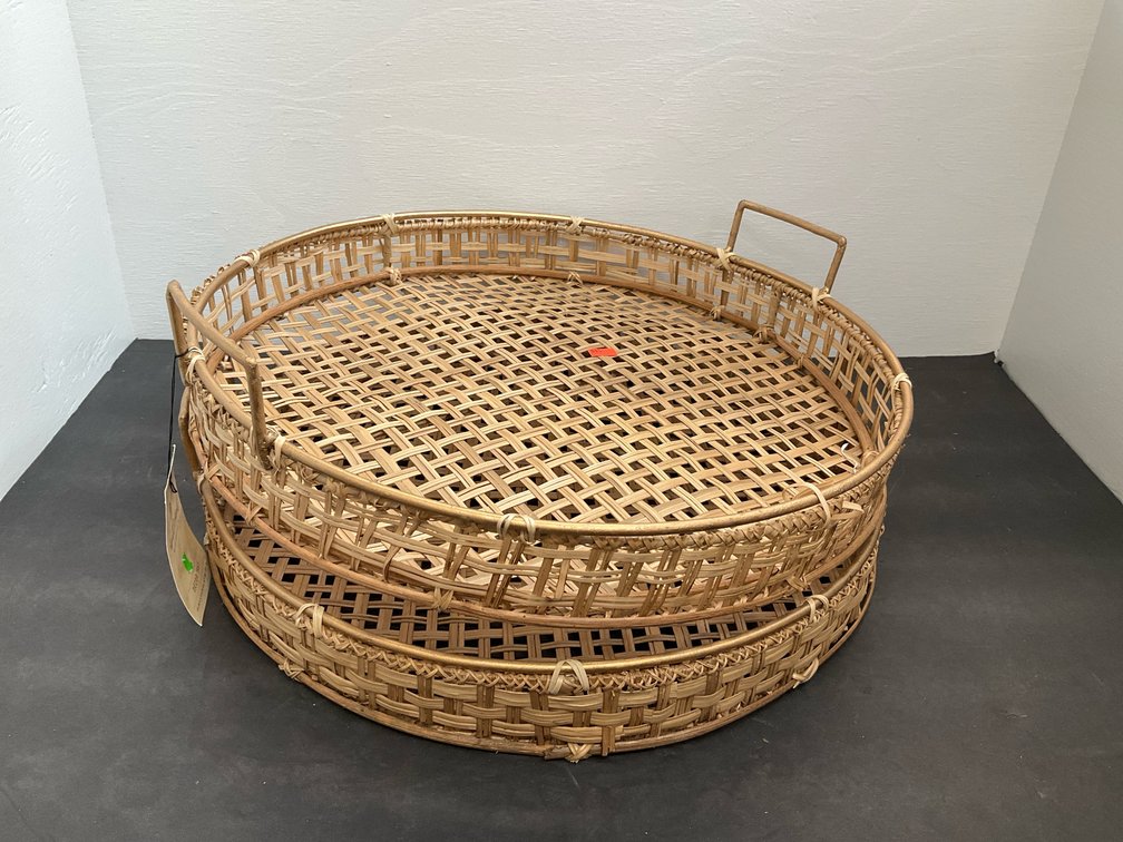Pair of round woven wicker decor trays