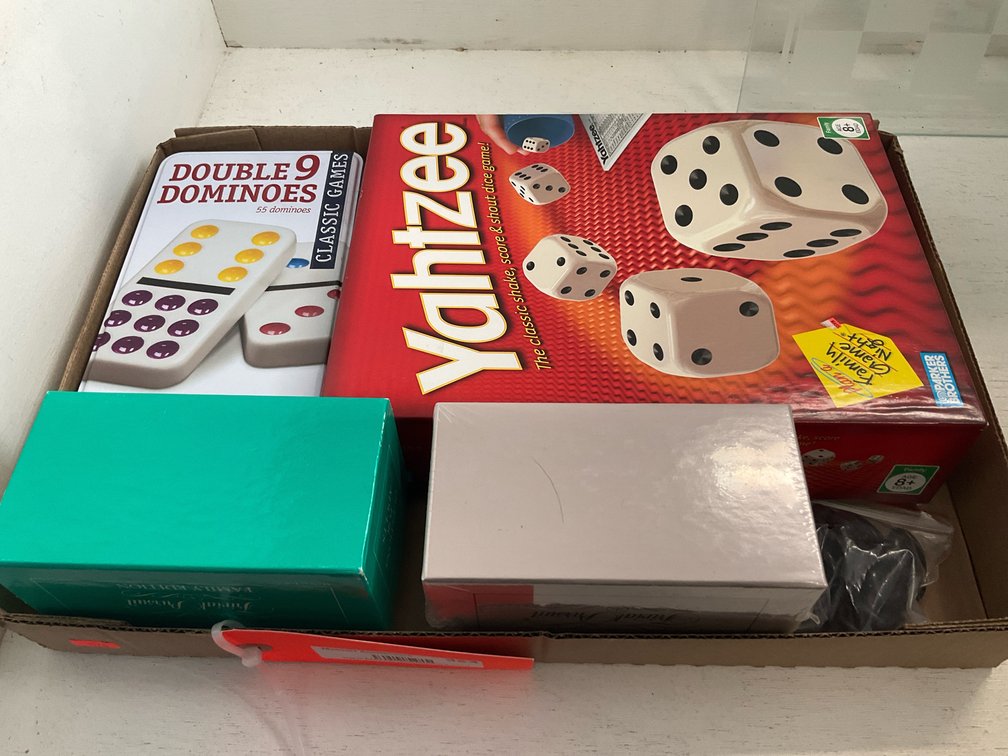 Grouping of board games & frosted glass chess board
