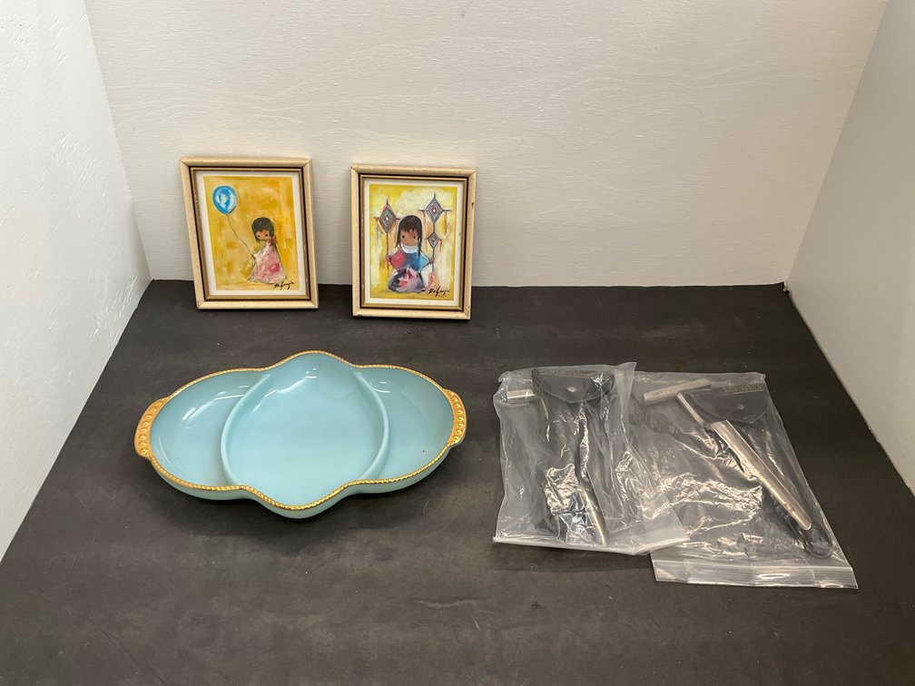Framed art prints, divided dish & metal sampling triers