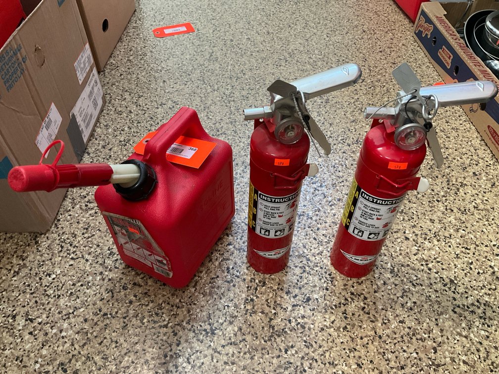 2 fire extinguishers & plastic gasoline can
