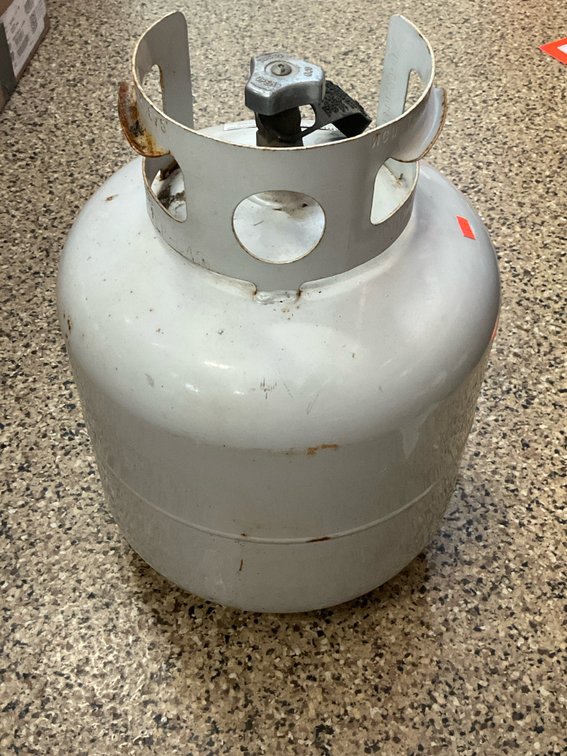 White steel propane tank with OPD valve