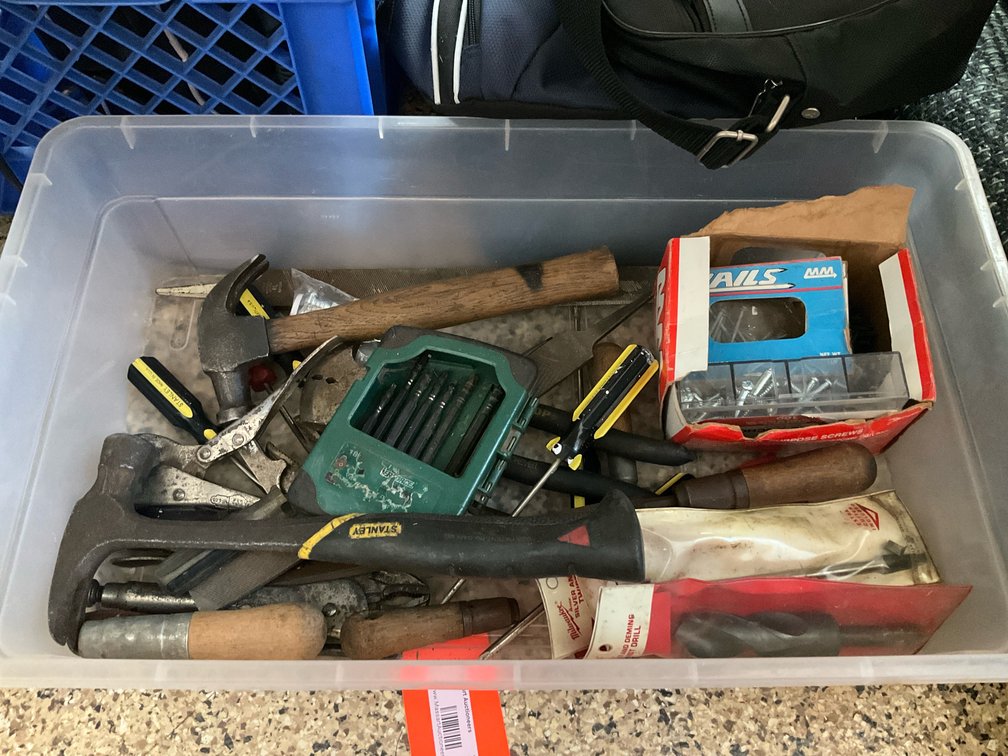 Assorted hand tools & hardware in plastic tote