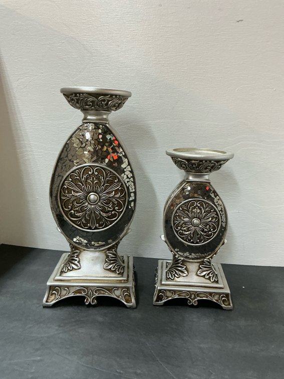 Pair of silver-tone & crackle glass pillar candle holders