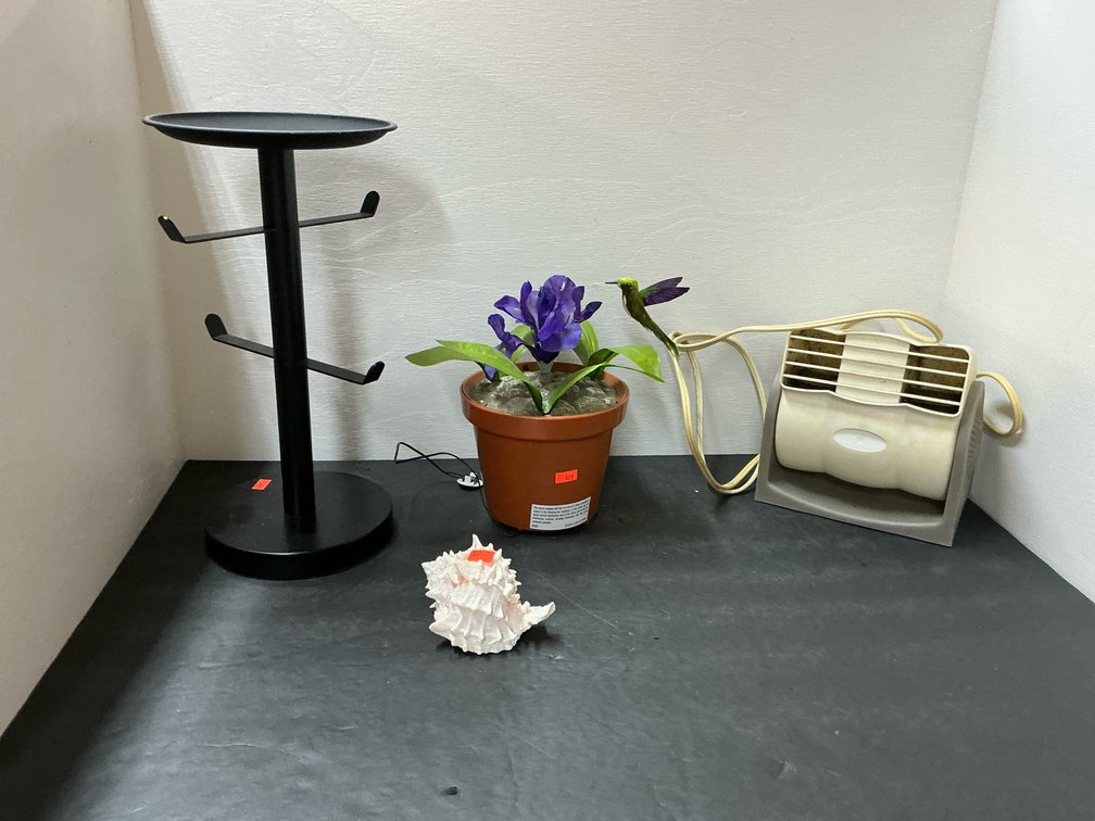 Metal stand, desk fan, artificial flower & seashell