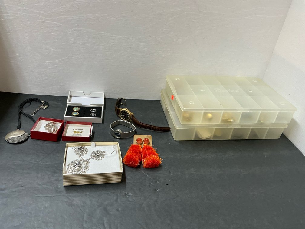 Assorted costume jewelry, wristwatches & organizers
