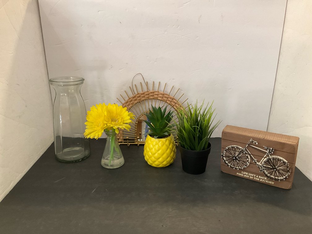 Assorted home decor with wall mirror, carafe & plants - Kitchen
