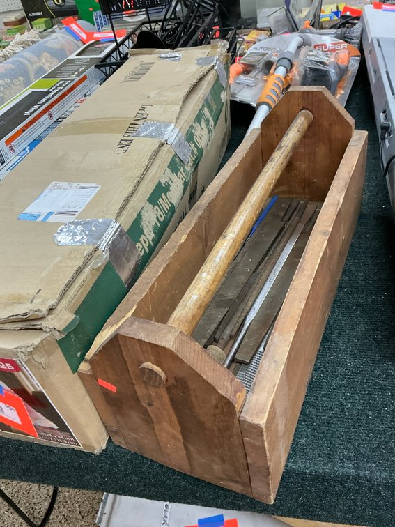 Wooden tool tote with steel files & rasps