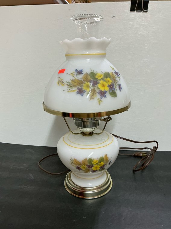 Electric milk glass parlor lamp with floral motif