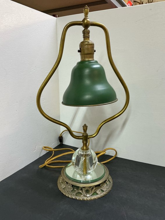 Brass-tone electric lamp with green metal shade