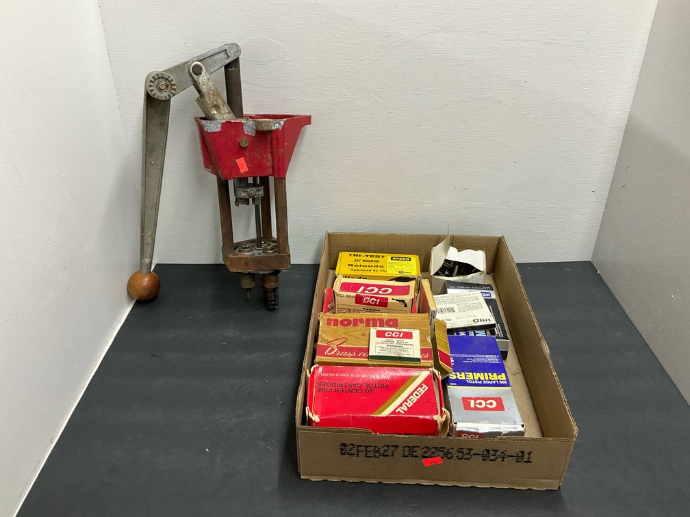 Reloading press with primers, brass & cartridges