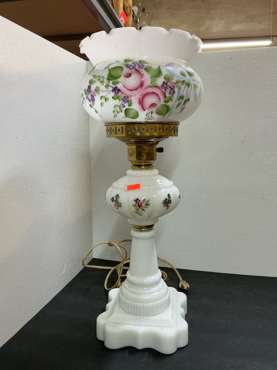 Hand-painted floral milk glass table lamp with shade