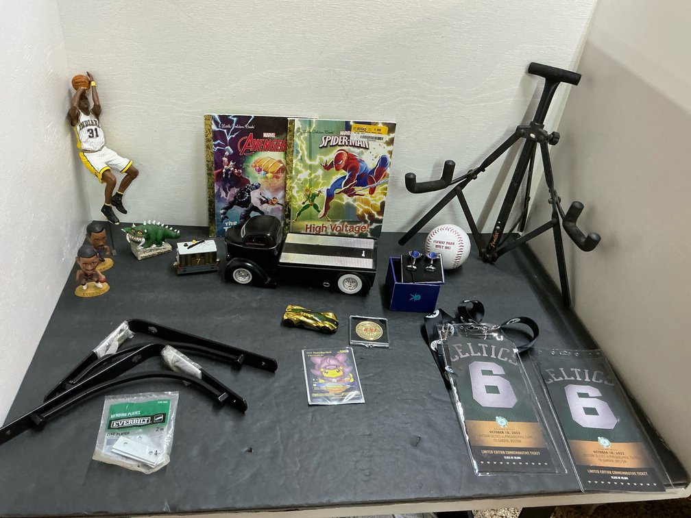 Sports memorabilia, guitar stand, toys & hardware