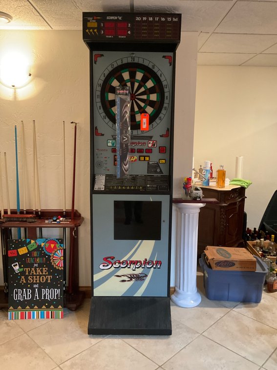 Merit Industries Scorpion electronic dartboard cabinet - Basement Living & Bar Area