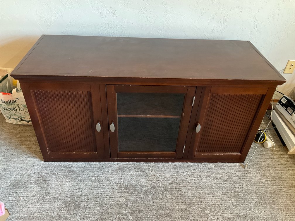 Wood media console cabinet with reeded & glass doors - Living Room