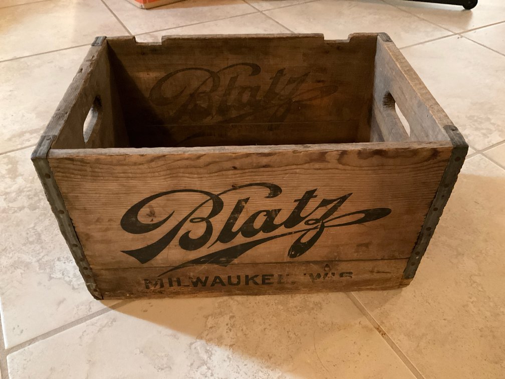 Blatz wooden crate with metal corner banding - Basement Living & Bar Area