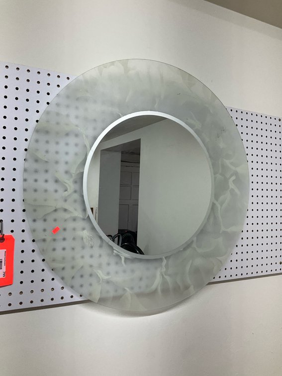 Round wall mirror with frosted patterned glass border 29”